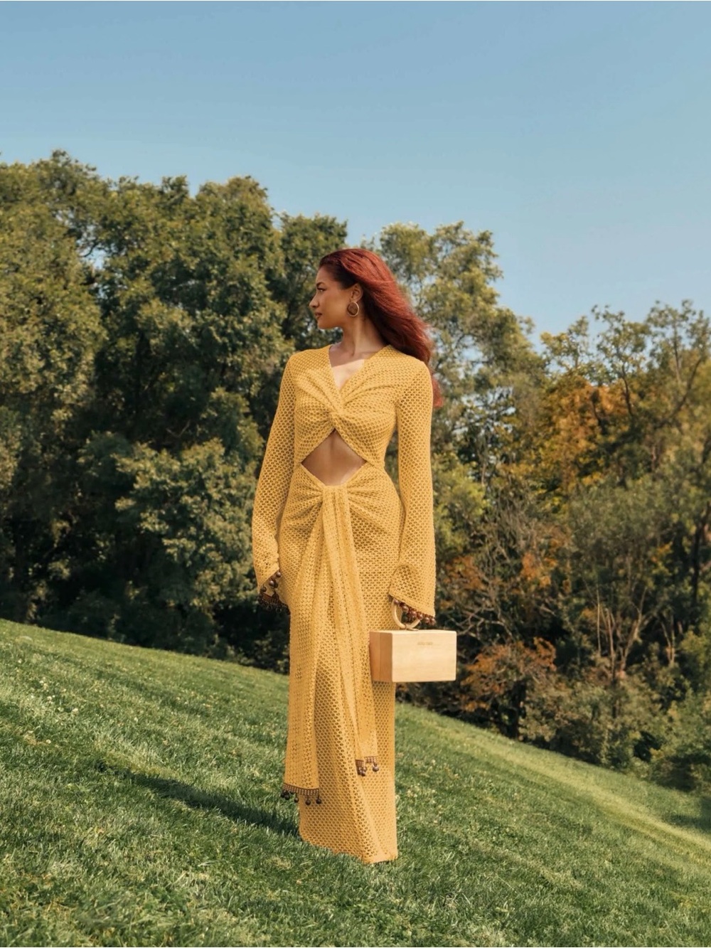 Andrea Iyamah Mustard Yellow Twist Cutout Maxi Dress